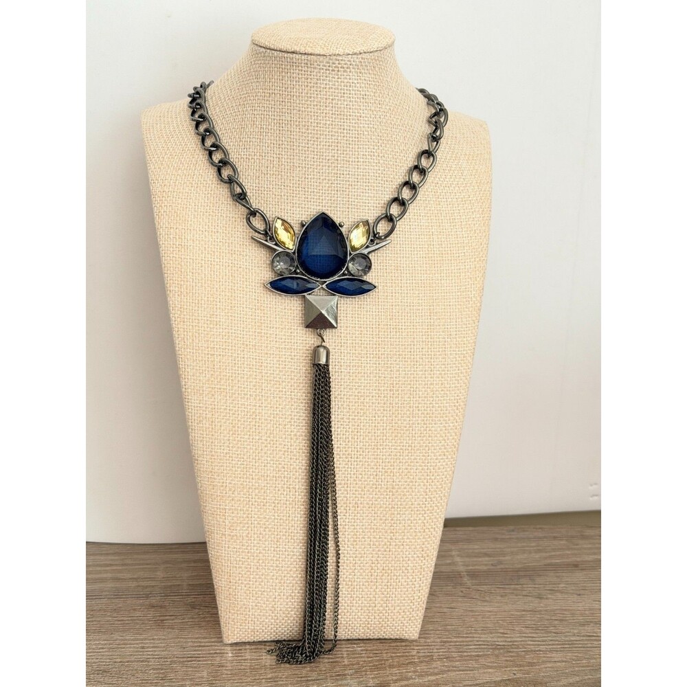 Gunmetal Blue Rhinestone Lotus Tassel Statement Necklace  Edgy yet elegant